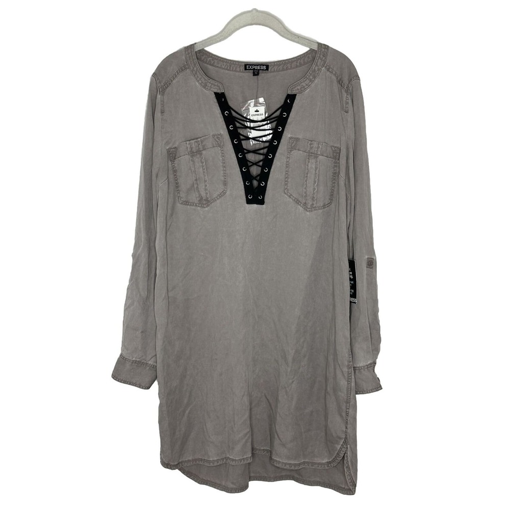 Express Lyocell Gray Chambray Lace Up V Neck Roll Tab Dress Size Large New